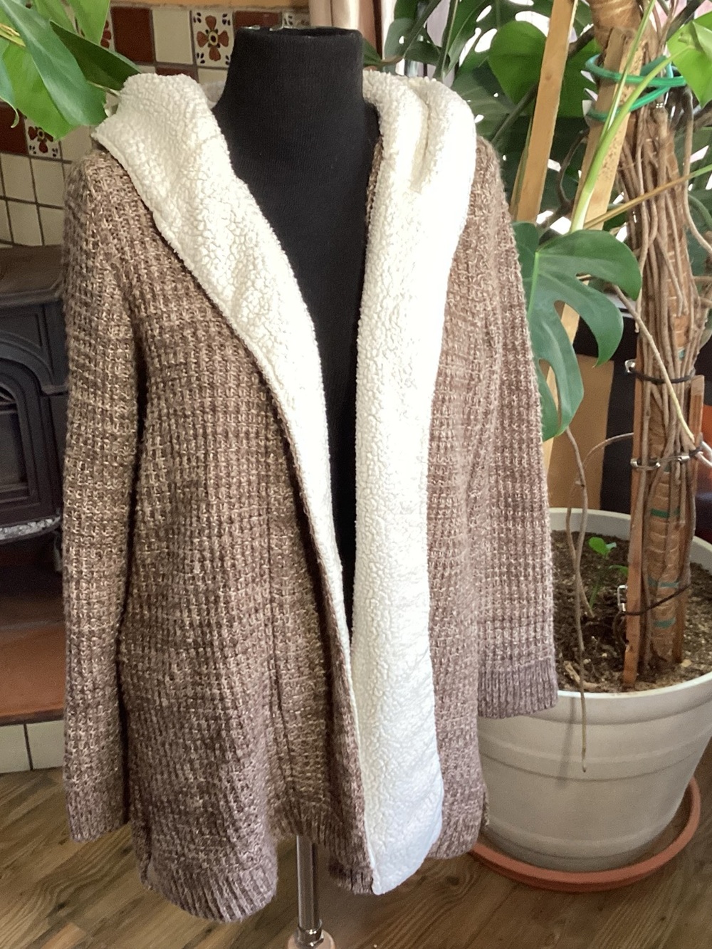 Cozy Open-Front Hooded Cardigan with Sherpa Lining - Brown & Cream